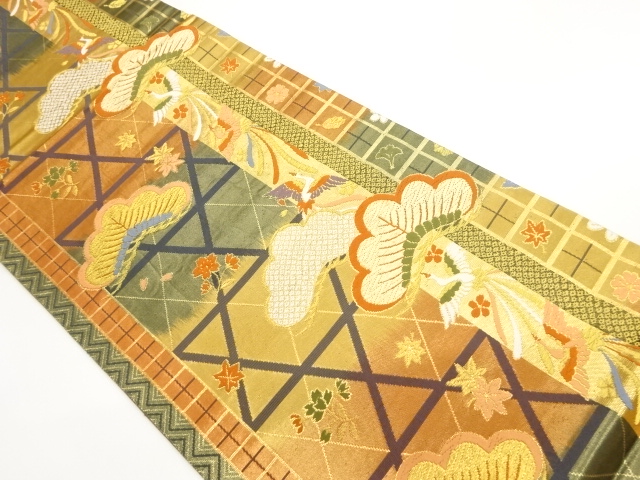 縞に松・鳳凰・草花模様織出し全通袋帯